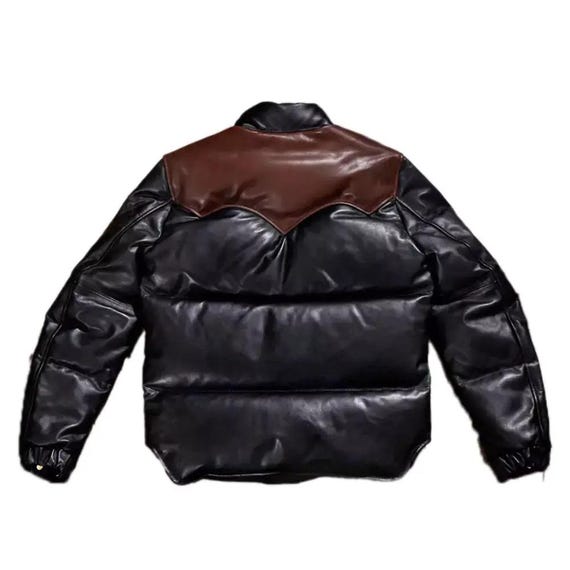 Vintage Style Black Leather Puffer Jacket: Western Yoke Lambskin