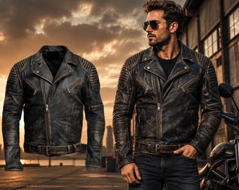 May include: A distressed black leather motorcycle jacket featuring a notched lapel, silver-tone metal zips, quilted shoulder and sleeve panels, and a buckled waist belt. The jacket has a weathered finish with visible brown undertones.