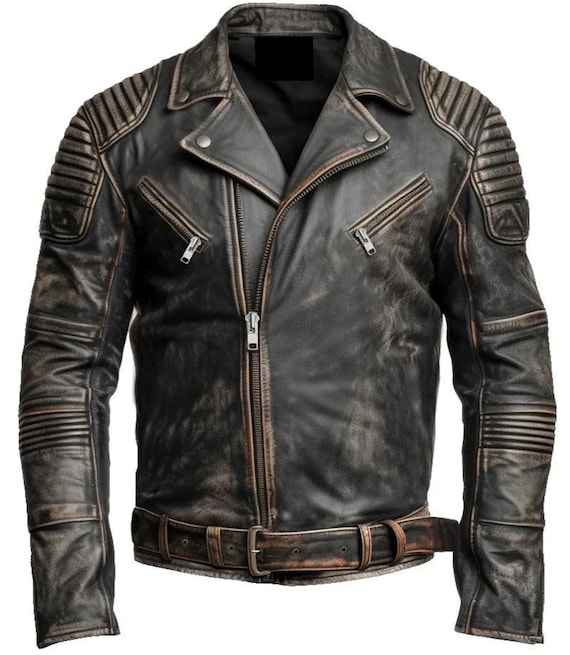 Men’s Distressed Brando Biker Leather Jacket-Vintage Style Café Racer Black Leather Jacket