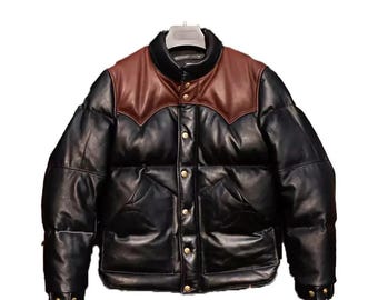 Vintage Style Black Leather Puffer Jacket: Western Yoke Lambskin Bomber