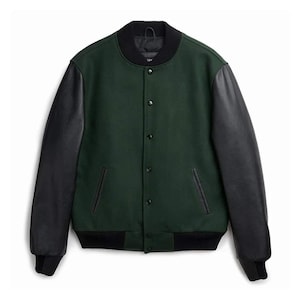 Handgefertigte Grüne Wolle & schwarze Lederärmel Baseball Bomber Varsity Jacke - Lettermen College Herren Varsity Jacke