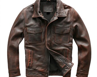 Men's Genuine Distressed Brown Leather Cafe Racer Jacket – Vintage Biker Style, YKK Zipper