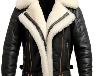 May include: A black leather jacket with a white shearling collar and lining. The jacket has a zipper closure and two pockets on the front.