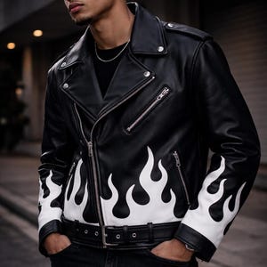 Veste motard homme en cuir noir et rouge flamme - Veste Cafe Racer style Brando