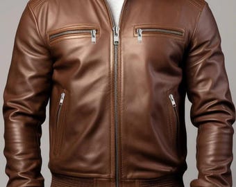 May include: Brown leather jacket with a hood and ribbed cuffs and hem. The jacket has a zip-up front and multiple zippered pockets. The jacket is a medium brown color.