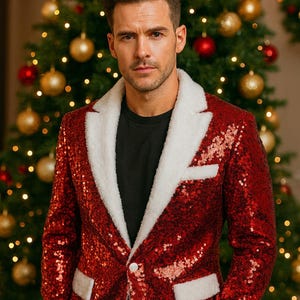 May include: A red sequined blazer with white trim on the lapels and pockets. The jacket is worn over a black shirt. The background features a Christmas tree with gold and red ornaments, suggesting a festive theme.