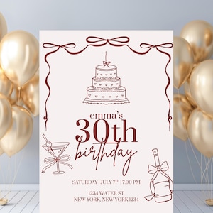 Invitación de cumpleaños roja para mujer / Plantilla editable de Canva para cualquier edad / Invitación elegante para fiesta / Descarga digital