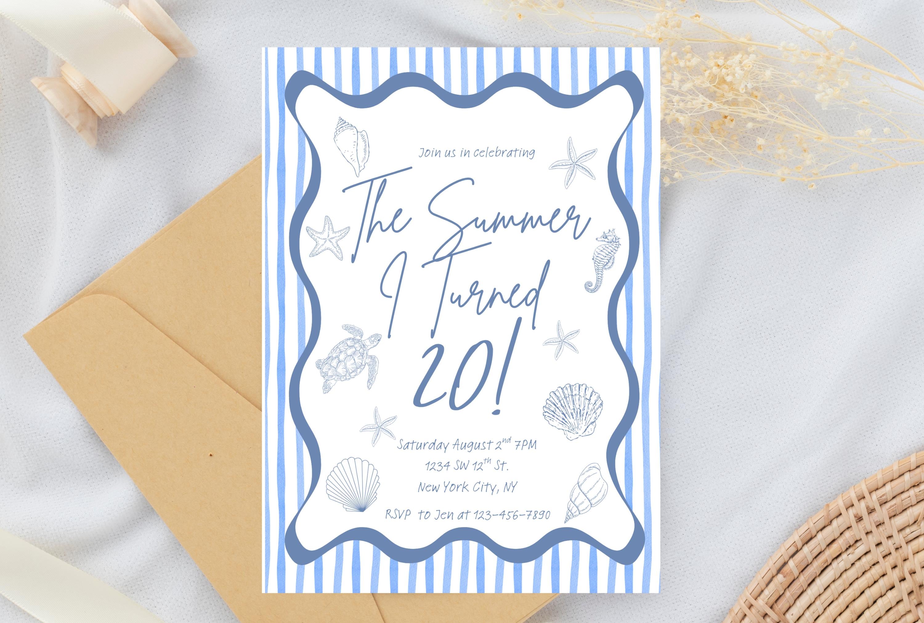 The Summer I Turned Birthday Invitation – Editable Canva Template, Beach Party Invite for Any Age, Coastal Summer Birthday Printable