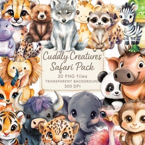 Cuddly Creatures Safari Pack – Watercolor Safari Animal Clip Art, Jungle Baby PNGs, Transparent Background, Commercial Use