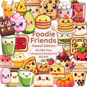Foodie Friends PNG Clipart – Kawaii Watercolor Food Stickers – Cute Cartoon Snack Illustrations – 45 Transparent PNGs Commercial Use 300 DPI