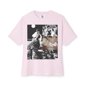 May include: A pink t-shirt with a collage of black and white images of people. The images include a couple embracing, a woman in a traditional Indian outfit, and a group of people dancing.