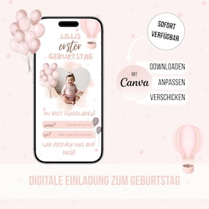 Einladung 1. Geburtstag Mädchen digital, personalisierbare E-Card rosa, Canva Vorlage mit Foto, Handy Einladung WhatsApp Kindergeburtstag