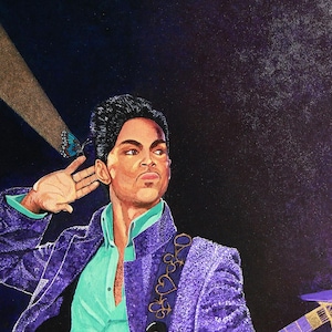 Loving Prince – Vibrant Acrylic Portrait, Music Icon Art Print, Purple Tribute, Butterfly Symbolism, Gift for Prince Fans, Bold Wall Art