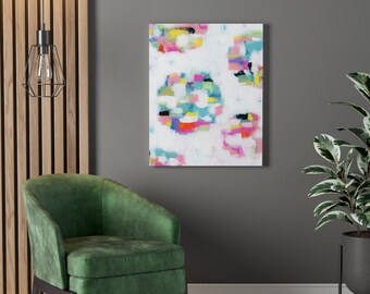 Abstract Painting Canvas Art Print - Contemporary Wall Art - Colors White Pink Blue Green Yellow Orange - ships from USA