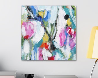 Abstract Flowers Painting - Canvas Art Print - Contemporary Wall Art - Green Teal Pink Yellow - ships from USA