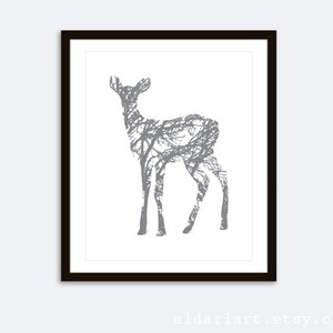 Deer Art Print - Deer Wall Art - Deer Branches Print - Woodland Rustic Modern Wall Art - Slate Grey - Custom Color - 8x10 print