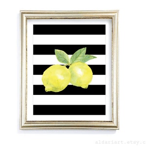 Lemons Art Print - Watercolor Lemon Print - Lemon Art - Citrus Fruit Kitchen Wall Art - Yellow Black and White Decor - Aldari Art