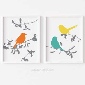Bird Art Prints, Vogels op Takken Muur Decor, set van 2 prints, Slaapkamer Decor, Badkamer Decor, KIES UW KLEUREN