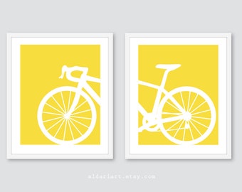 impresiones de arte de bicicleta, arte de la pared de la bicicleta, decoración de la pared de la bicicleta, conjunto de dos impresiones, impresión de la bicicleta amarilla, cartel de la bicicleta, decoración del vivero, color personalizado