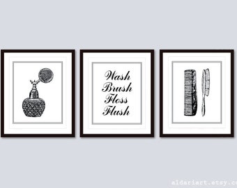 Bathroom Art Prints,  Black and White Bathroom Wall Art, Vintage Style Bathroom Print Set of 3, Monochrome Decor, Vintage Wall Art