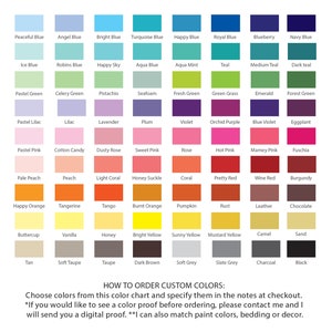Pode incluir: Um gr&aacute;fico de cores com uma grade de v&aacute;rias cores de tinta, incluindo azuis, verdes, rosas, laranjas, amarelos e neutros. Cada cor &eacute; rotulada com seu nome. O texto na parte inferior explica como encomendar cores personalizadas.