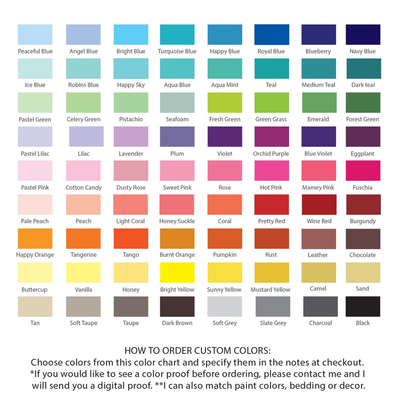 Pode incluir: Um gr&aacute;fico de cores com uma grade de v&aacute;rias cores de tinta, incluindo azuis, verdes, rosas, laranjas, amarelos e neutros. Cada cor &eacute; rotulada com seu nome. O texto na parte inferior explica como encomendar cores personalizadas.