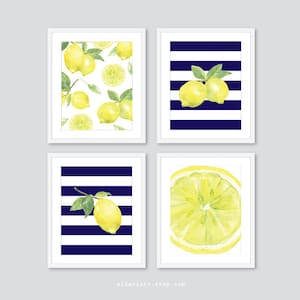 Lemon Prints, Fruit Wall Decor, Lemon Kitchen Wall Art, Lemon Decor, navy blue and yellow, set of 4 prints, choose stripe color
