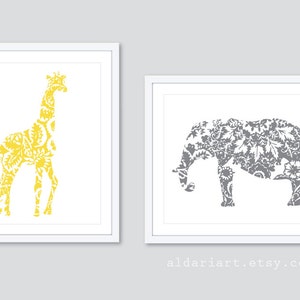 Giraffe and Elephant Art Prints - Yellow and Gray - Elephant Nursery Print - Giraffe Nursery Print - Modern Elephant Art - Aldari Art