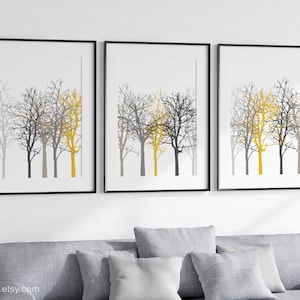 Tree Art Prints, Tree Wall Art, Set of 3 prints, Winter Trees Wall Art, Contemporary Woodland Decor, Mustard Yellow Grey Taupe