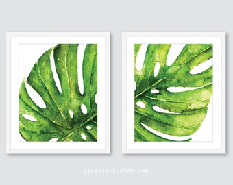 Monstera Leaf Wall Art Print - Tropical Leaf Wall Art - Monstera Wall Art - Monstera plant Watercolor Art - Leaf Wall Decor - set of 2