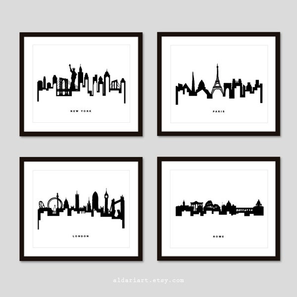 Skyline Prints, New York Paris London Rome Prints, Travel Wall Art, Black and White Cityscape, City Poster Minimalist Skyline Art, set of 4