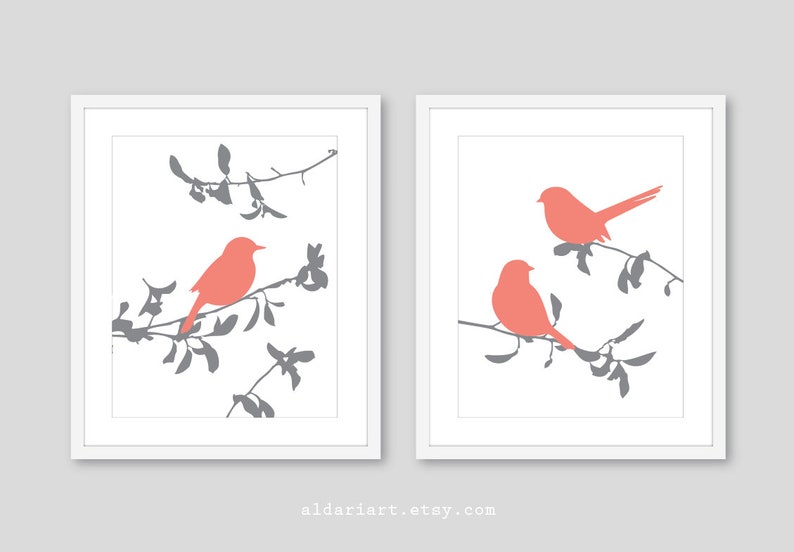 Bird Art Prints Bird wall decor modern birds on branches art prints bird decor bedroom decor orange and grey decor CHOOSE YOUR COLORS