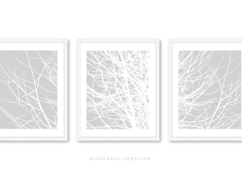 Baumzweige Kunstdrucke - Baum Wandkunst - 3er Set - Grau und Weiß Wandkunst - Zeitgenössisches Wald dekor - Baum Triptychon - NaturKunst