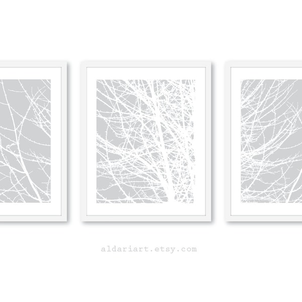 Tree Branches Art Prints - Tree Wall Art - Set of 3 - Grey and White Wall Art - Contemporary Woodland Decor - Tree Triptych - Nature Art