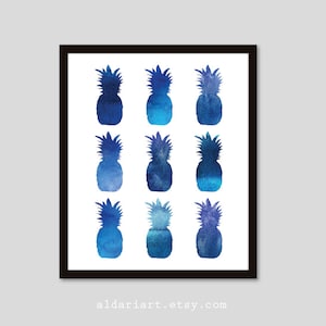 Pineapple Art Print, Pineapple Wall Art, Indigo Blue Decor, Tropical Pineapple Print, Kitchen Decor, Kitchen Wall Art, Blue and white
