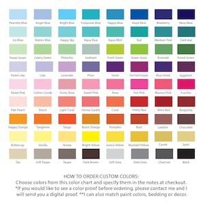 May include: Color chart featuring a grid of color swatches with names like "Happy Blue" and "Rose." Includes text: "How to order custom colors." The chart offers a wide range of hues, from pastels to vibrant shades, for custom color matching.