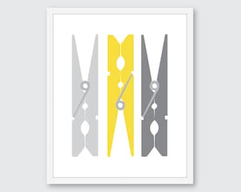 Wäscheklammern Kunstdruck - einfache moderne Wohnkultur - Wäscherei Raum Wandkunst - Poster - grau und gelb