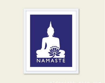 Namaste Buddha Art Print, Yoga Wall Art,  Navy Blue and white, Zen wall decor, yoga studio decor