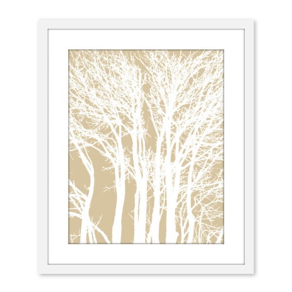 Modern Trees Art Print - Tree Branches - Tan Beige and White - Home Decor - Woodland