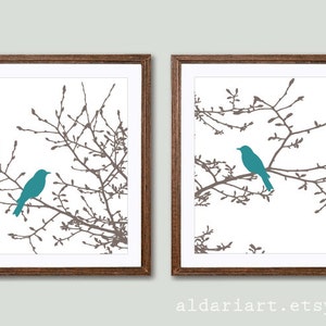 Birds on Branches Wall Art Prints, Birds on Magnolia Tree Prints, Taupe branches and Medium Teal birds, set of 2 prints, choose your colors