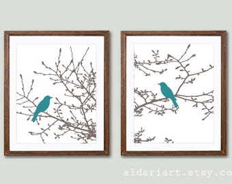 Vögel auf Ästen Wand Kunstdrucke, Vögel auf Magnolia Baum Drucke, Taupe Zweige und Medium Teal Vögel, set von 2 Drucke, wählen Sie Ihre Farben