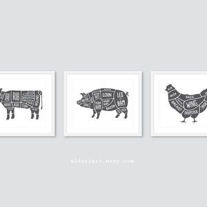 Butcher print, butcher meat cuts kitchen wall art print, butcher cuts chart, Butcher diagram chart poster, set of 3 prints CHOOSE YOUR COLOR