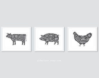Butcher print, butcher meat cuts kitchen wall art print, butcher cuts chart, Butcher diagram chart poster, set of 3 prints CHOOSE YOUR COLOR