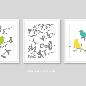 Bird Art Prints, decoración de la pared de pájaro, conjunto de 3 impresiones, pájaros modernos en las ramas impresiones de arte, decoración de aves, decoración del dormitorio, ELEGIR SUS COLORES