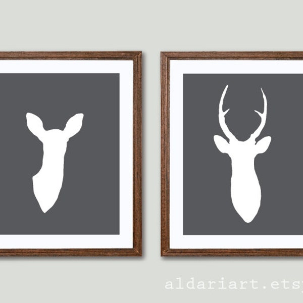 Deer Art Prints - Deer And Doe Prints - Deer Wall Art  - Set of 2 prints - Charcoal Grey - CHOOSE YOUR COLOR