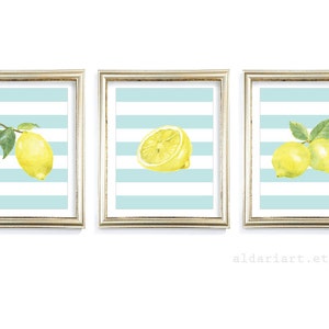 Lemon Art Prints - Lemon Wall Art - Lemon Watercolour Prints - Modern Kitchen Wall Art - Set of 3 - Yellow and Blue Decor - custom color
