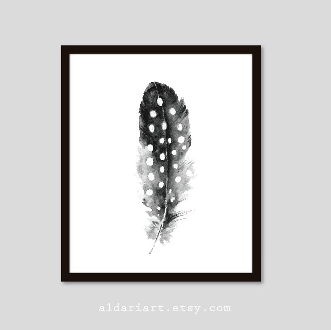 Feather Wall Art, Black and White Feather Watercolor Print, Feather Art