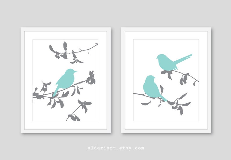 Bird Art Prints Bird wall decor modern birds on branches art prints bird decor bedroom decor orange and grey decor CHOOSE YOUR COLORS