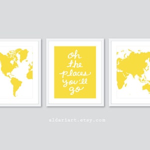World Map Prints - Map Wall Art - Travel Nursery Art - Oh The Places You'll Go Quote - Modern Nursery Decor - 3 Prints - Custom Color