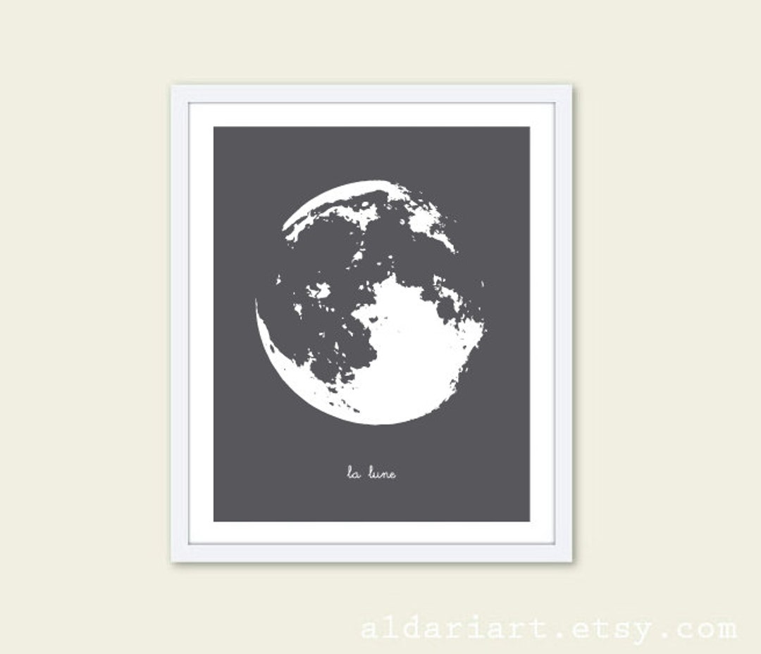 La Lune the Moon Art Print Charcoal Grey Modern Moon Wall Decor Under
